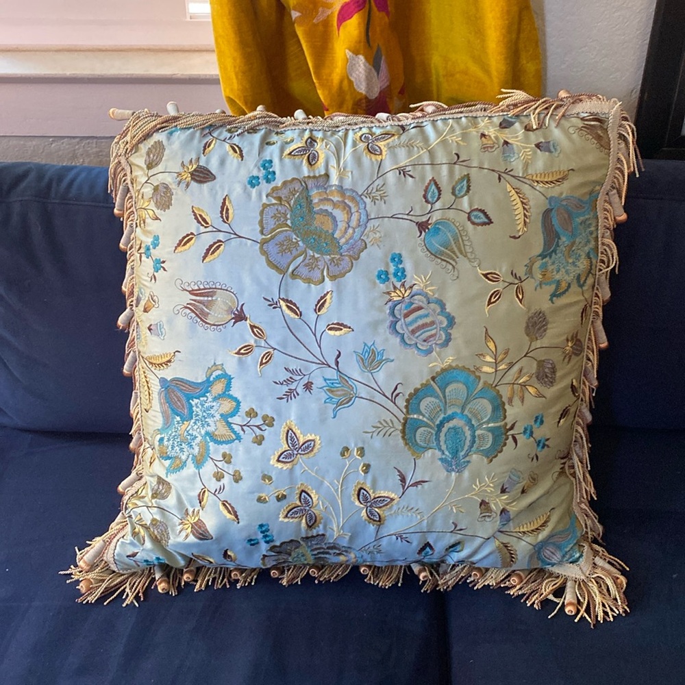 NWT Z Gallerie Silk Velvet Embroidered Throw Pillow 24x24 Blue Floral Fringe